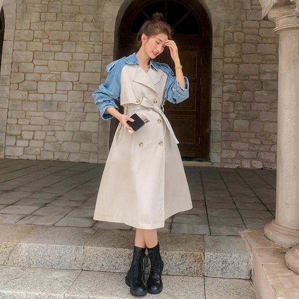 women's trench coats windbreaker female denim contrast stitching double-breasted 2021 spring autumn loose casual over knee long womens, Tan;black
women's trench coats windbreaker female denim contrast stitching double-breasted 2021 spring autumn loose casual over knee long womens, Tan;black