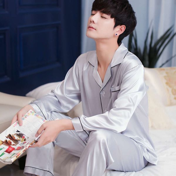 new spring and summer long sleeve pajamas men's thin ice suit korean large casual silk home clothes, Black;brown
new spring and summer long sleeve pajamas men's thin ice suit korean large casual silk home clothes, Black;brown