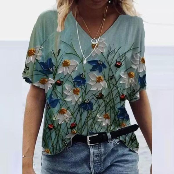 women's t-shirt v-neck short-sleeved oil painting summer loose casual ropa plus size mujer shirts for women, White
women's t-shirt v-neck short-sleeved oil painting summer loose casual ropa plus size mujer shirts for women, White