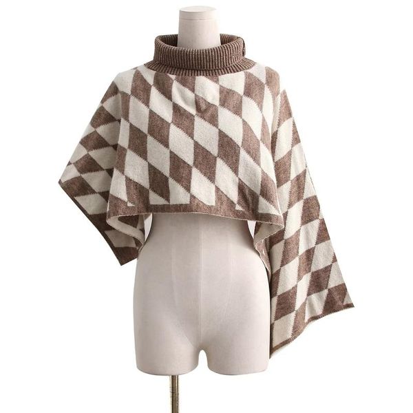 women's sweaters vintage argyle plaid knit irregular cropped women cloak turtleneck batwing sleeve korean fashion loose pullover jumper, White;black
women's sweaters vintage argyle plaid knit irregular cropped women cloak turtleneck batwing sleeve korean fashion loose pullover jumper, White;black
