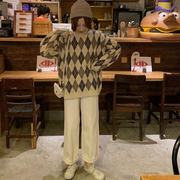 women's blouses and loose sweater sweaters rhombic around the neck of the woman's sweater casual winter 2021 53er, White;black
women's blouses and loose sweater sweaters rhombic around the neck of the woman's sweater casual winter 2021 53er, White;black
