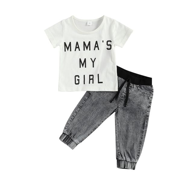 0-3y summer casual kids boy clothes sets letter print short sleeve t shirts denim pants, White
