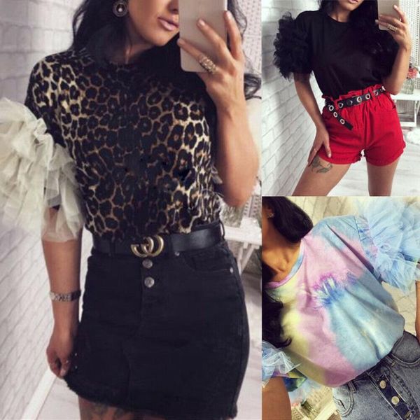 women's t-shirt women summer tulle lace ruffle short mesh puff sleeve ladies loose casual round collar leopard print, White
women's t-shirt women summer tulle lace ruffle short mesh puff sleeve ladies loose casual round collar leopard print, White