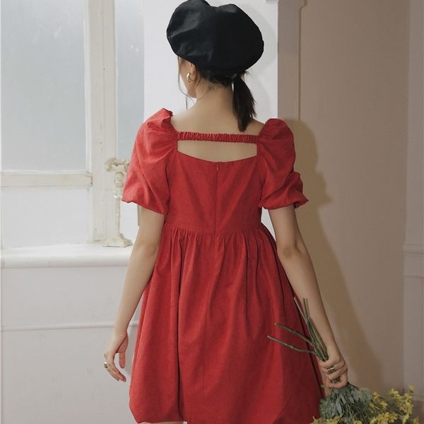 casual dresses red puff sleeve square neck summer a line loose short mini women korean style s215, Black;gray 
casual dresses red puff sleeve square neck summer a line loose short mini women korean style s215, Black;gray
