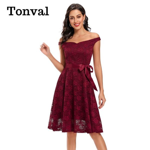 casual dresses tonval solid elegant lace for women party robe off shoulder autumn high waist belted midi swing dress, Black;gray
casual dresses tonval solid elegant lace for women party robe off shoulder autumn high waist belted midi swing dress, Black;gray