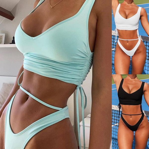 women's swimwear bikinis 2021 mujer women bikini drawstring solid color nylon split swimsuit swimming beachwear, White;black
women's swimwear bikinis 2021 mujer women bikini drawstring solid color nylon split swimsuit swimming beachwear, White;black