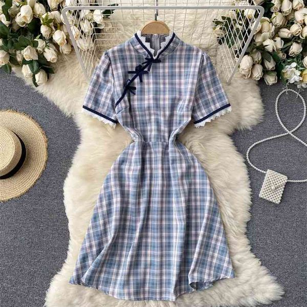 women fashion improved cheongsam sweet lace edge stand collar slim short sleeve a-line plaid dress vestidos s285 210527, Black;gray
women fashion improved cheongsam sweet lace edge stand collar slim short sleeve a-line plaid dress vestidos s285 210527, Black;gray