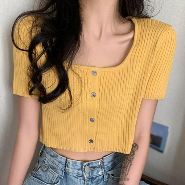 women's t-shirt crop fashion wild solid color t shirt trendy square collar short-sleeved thin knit cardigan with buttons, White
women's t-shirt crop fashion wild solid color t shirt trendy square collar short-sleeved thin knit cardigan with buttons, White