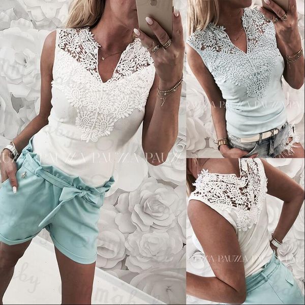 new women summer lace solid sleeveless blouse casual tank with v neck hollow back shirt regular size, White
new women summer lace solid sleeveless blouse casual tank with v neck hollow back shirt regular size, White
