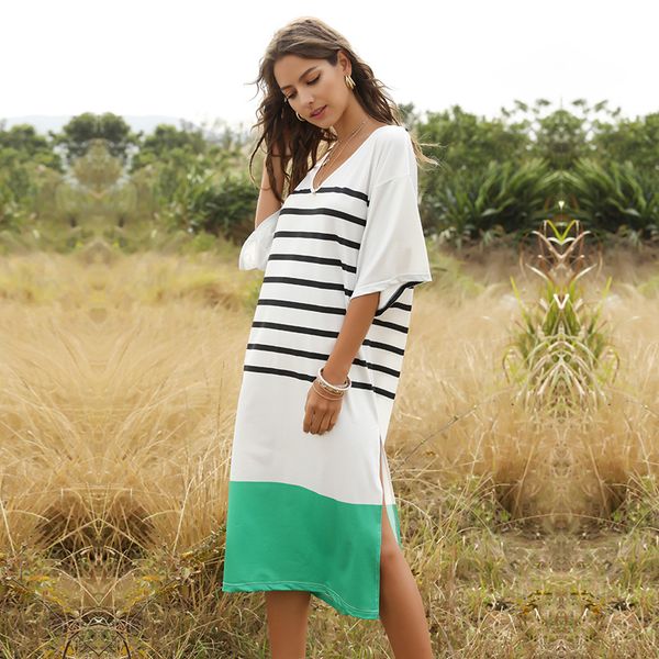 summer ladies casual striped women elegant batwing v neck half sleeve medium long vacation 2021 new aeg2, Black;gray
summer ladies casual striped women elegant batwing v neck half sleeve medium long vacation 2021 new aeg2, Black;gray