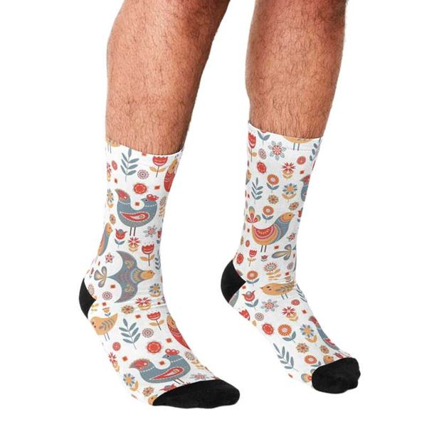 men's socks funny men's nordic flowers and birds printed hip hop men happy cute boys street style crazy novelty for, Black