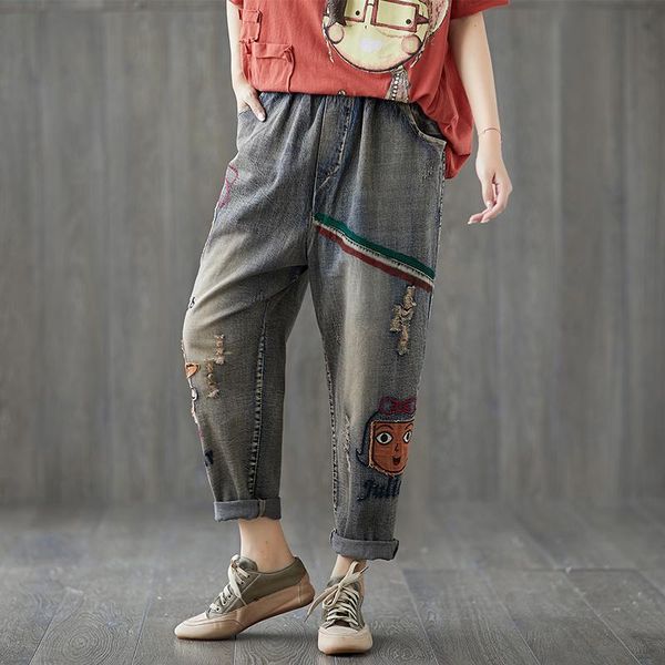 women's jeans women embroidered denim pants elastic waist patchwork trousers, Blue
women's jeans women embroidered denim pants elastic waist patchwork trousers, Blue
