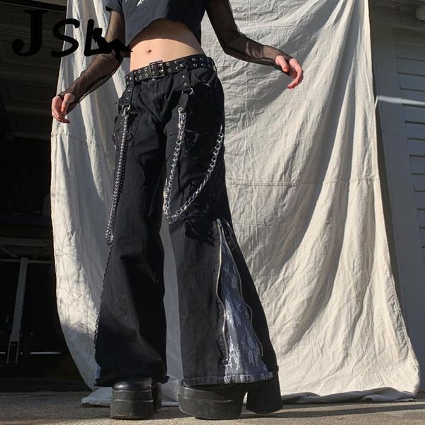 women's jeans women zip up lace patchwork vintage black wide leg baggy denim trousers streetwear metal chains cool punk chic flared pan, Blue
women's jeans women zip up lace patchwork vintage black wide leg baggy denim trousers streetwear metal chains cool punk chic flared pan, Blue