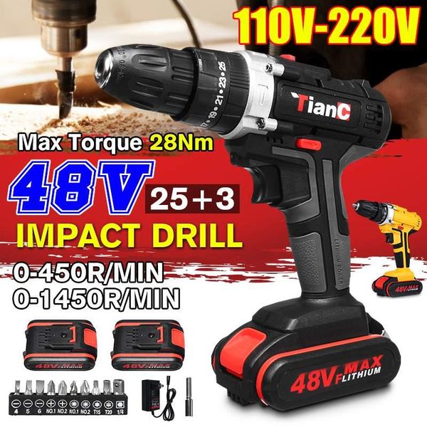professiona electric drills 48v 25+3 torque cordless impact drill screwdriver rechargeable dual speed wireless power with 2 li-ion battery
professiona electric drills 48v 25+3 torque cordless impact drill screwdriver rechargeable dual speed wireless power with 2 li-ion battery