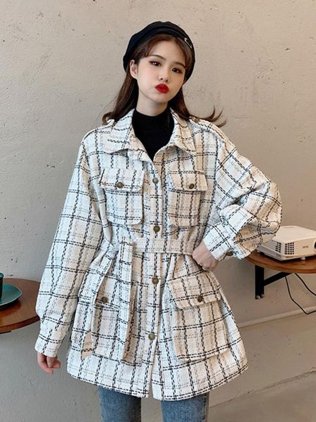 women's wool & blends tender temperament female plaid woolen coat spring autumn 2021 french vintage hong kong style single breasted out, Black
women's wool & blends tender temperament female plaid woolen coat spring autumn 2021 french vintage hong kong style single breasted out, Black