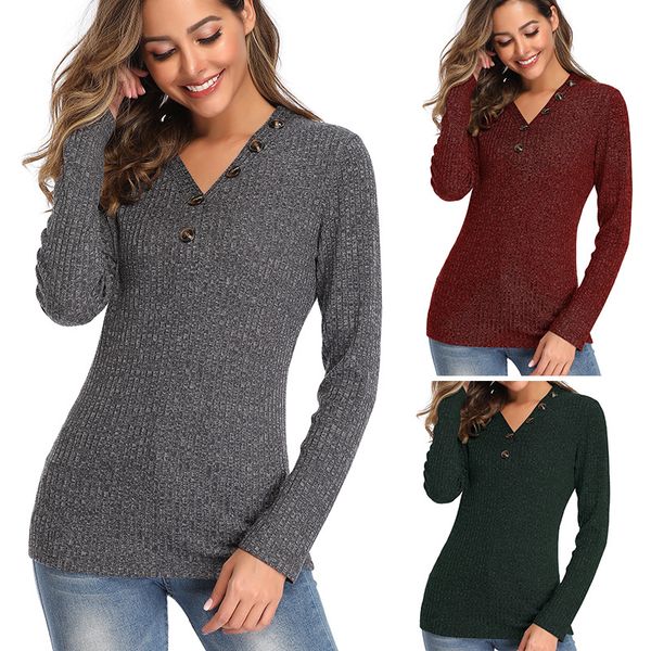 womens autumn and winter womens v-neck buttons long sleeve slim stretch solid color sweater pullover sweater, White
womens autumn and winter womens v-neck buttons long sleeve slim stretch solid color sweater pullover sweater, White