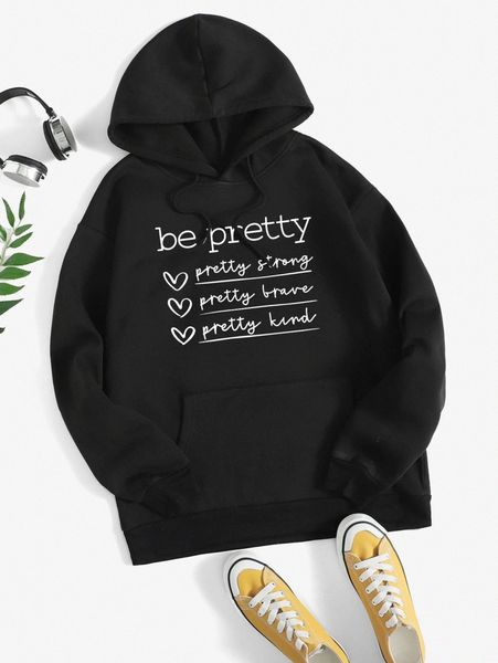 slogan graphic drawstring thermal lined hoodie a0nd#, White;black 
slogan graphic drawstring thermal lined hoodie a0nd#, White;black