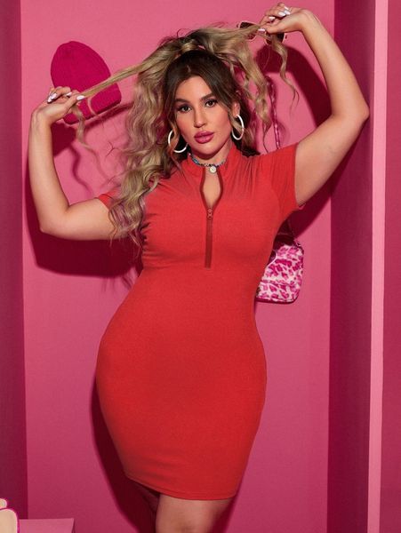 plus half zipper bodycon dress without belt s6fv#, Black 
plus half zipper bodycon dress without belt s6fv#, Black