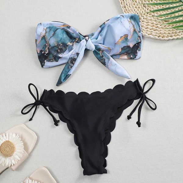 scalloped marble print bikini women bandeau swimwear female swimsuit two-pieces bikini set knotted bather bathing suit swim, White;black