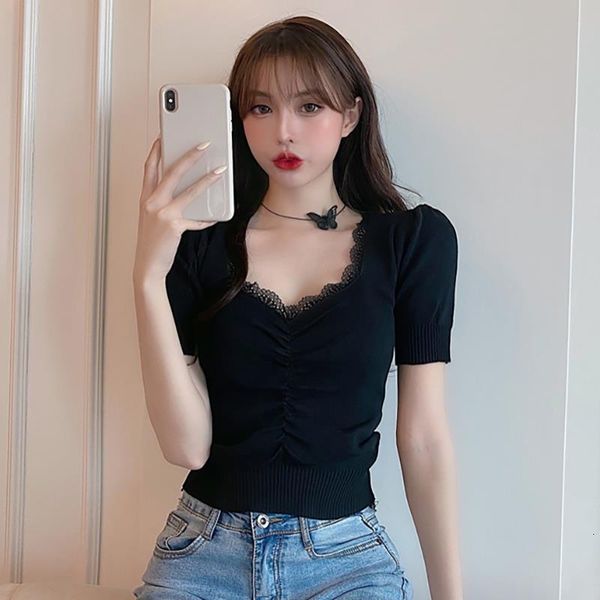 stitching lace girls puff sleeve short t-shirts knit 4 color casual solid knitted v-neck t-shirts top, White
stitching lace girls puff sleeve short t-shirts knit 4 color casual solid knitted v-neck t-shirts top, White