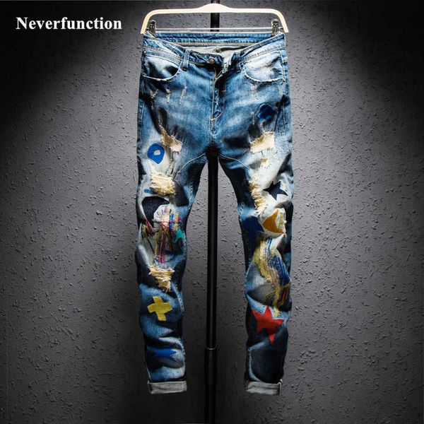 men's worn jeans, street clothes, hip hop, embroidery, slim fit tailoring, knee holes, cotton jogging pants, tramp pants, Blue
men's worn jeans, street clothes, hip hop, embroidery, slim fit tailoring, knee holes, cotton jogging pants, tramp pants, Blue