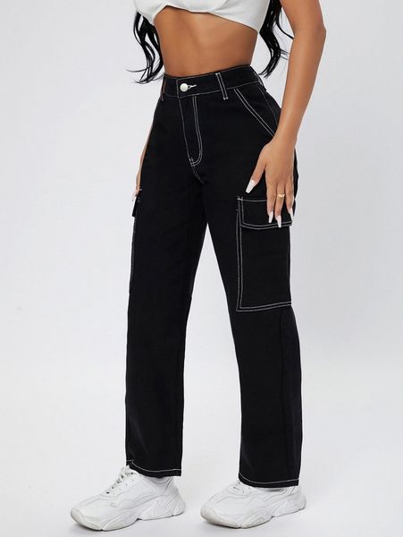 petite high waist straight leg cargo jeans h0s5#, Blue