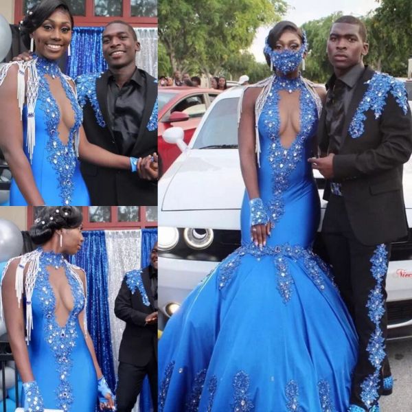 2022 royal blue prom dresses high neck beaded crystals satin sleeveless mermaid illusion custom made floor length evening party gowns formal, Black
2022 royal blue prom dresses high neck beaded crystals satin sleeveless mermaid illusion custom made floor length evening party gowns formal, Black