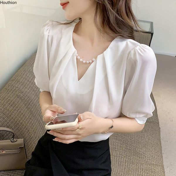 women's blouses & shirts chiffon o-neck slim solid fashion lady casual blouse short sleeve beaded houthion, White
women's blouses & shirts chiffon o-neck slim solid fashion lady casual blouse short sleeve beaded houthion, White