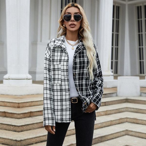 women's jackets tweed plaid shirt jacket women 2021 casual single breasted patchwork black and white grid coat female outerwear, Black;brown
women's jackets tweed plaid shirt jacket women 2021 casual single breasted patchwork black and white grid coat female outerwear, Black;brown