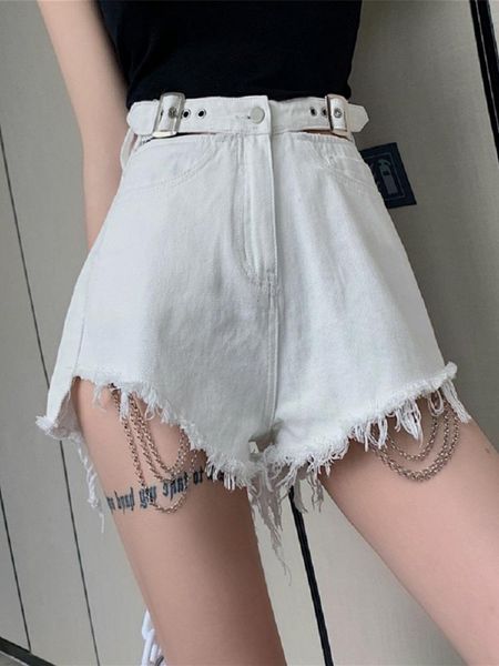 women's jeans summer cutout chains brim women denim shorts lady high waist short pants, Blue
women's jeans summer cutout chains brim women denim shorts lady high waist short pants, Blue