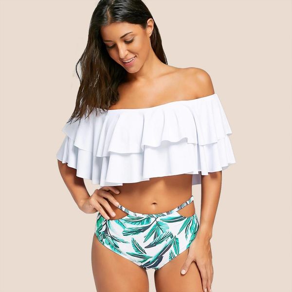 womens bikini two piece women swimwears off shoulder ruffled flounce crop bottom bathing suit, White;black
womens bikini two piece women swimwears off shoulder ruffled flounce crop bottom bathing suit, White;black