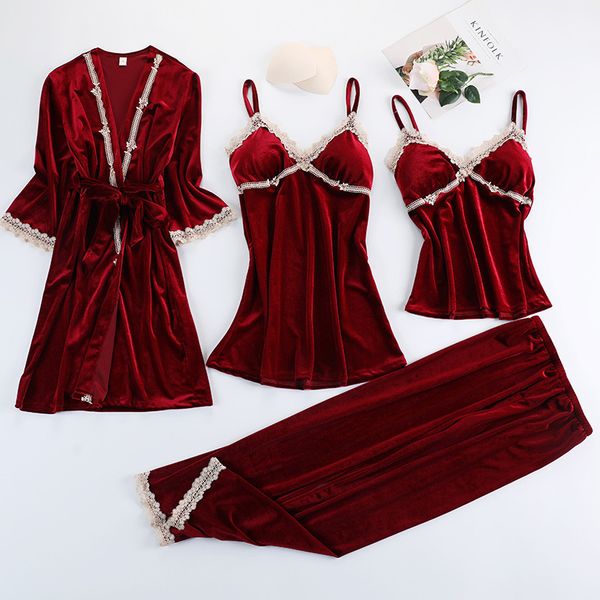 woman velvet 4 pcs pajamas set fashion autumn winter sleepwear elegant warm lace trim robe sling nightdress pants pyjamas, Black;red
woman velvet 4 pcs pajamas set fashion autumn winter sleepwear elegant warm lace trim robe sling nightdress pants pyjamas, Black;red