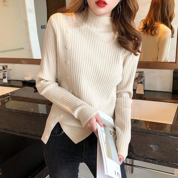 women's sweaters 2021 autumn sweater harajuku button half high neck bottoming shirt and winter hem slit knit women, White;black
women's sweaters 2021 autumn sweater harajuku button half high neck bottoming shirt and winter hem slit knit women, White;black
