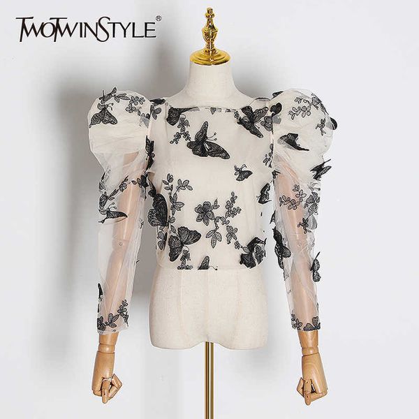 twotyle embroidery butterfly mesh shirt women o neck puff sleeve perspective blouse female fashion 210721, White
twotyle embroidery butterfly mesh shirt women o neck puff sleeve perspective blouse female fashion 210721, White