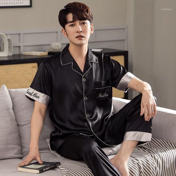 summer satin silk men sleepwear short sleeve turn-down collar letter print mens pajama sets loose soft plus size men's clothing, Black;brown
summer satin silk men sleepwear short sleeve turn-down collar letter print mens pajama sets loose soft plus size men's clothing, Black;brown