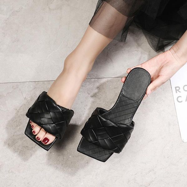 women slipper flip flops flat heel square toe woven pattern sandals open toes lazy slippers woman designers slip on slides pu leather shoes, Black
women slipper flip flops flat heel square toe woven pattern sandals open toes lazy slippers woman designers slip on slides pu leather shoes, Black