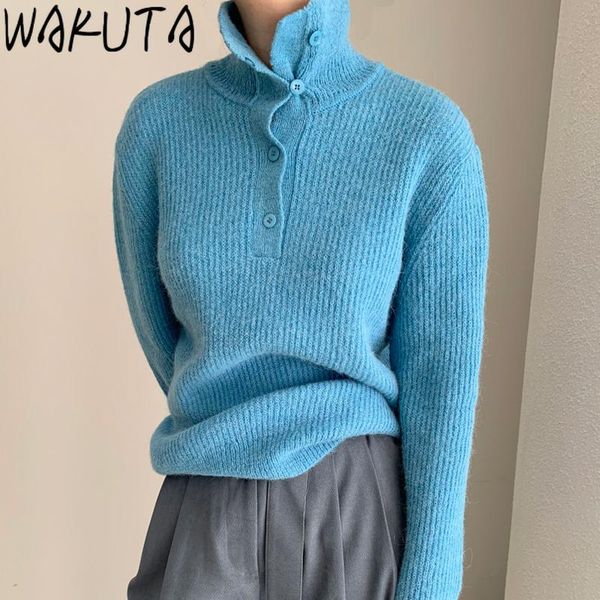 women's sweaters wakuta blue elegant highneck womens winter 2021 autumn single buttons white vintage soft knit pullovers loose casual, White;black
women's sweaters wakuta blue elegant highneck womens winter 2021 autumn single buttons white vintage soft knit pullovers loose casual, White;black