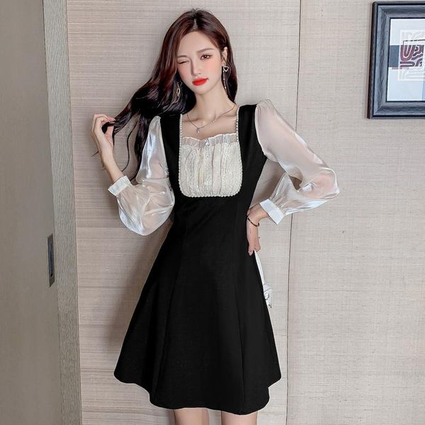 casual dresses autumn women's dress 2022 spring french style vintage sleeve patchwork mesh square collar black long robe, Black;gray
casual dresses autumn women's dress 2022 spring french style vintage sleeve patchwork mesh square collar black long robe, Black;gray