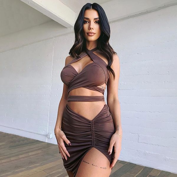 women halter neck vests clubwear matching outfits two piece sets brown bandage backless ruched slit mini skirts, White
women halter neck vests clubwear matching outfits two piece sets brown bandage backless ruched slit mini skirts, White