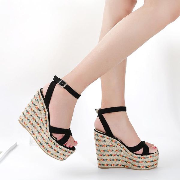 sandals bohemia straw wedge super high heel thick bottom waterproof platform heels large small size women's 33-41, Black
sandals bohemia straw wedge super high heel thick bottom waterproof platform heels large small size women's 33-41, Black