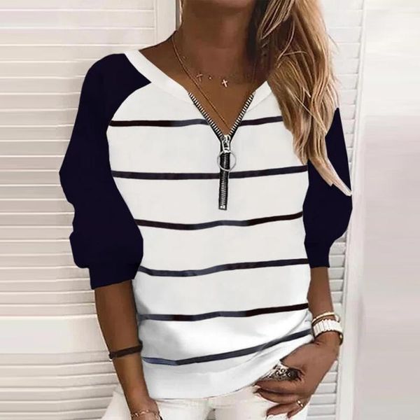 women's t-shirt women elegant zip up v-neck pullover casual autumn striped print simple t-shirts spring long sleeve office tees shirt, White
women's t-shirt women elegant zip up v-neck pullover casual autumn striped print simple t-shirts spring long sleeve office tees shirt, White