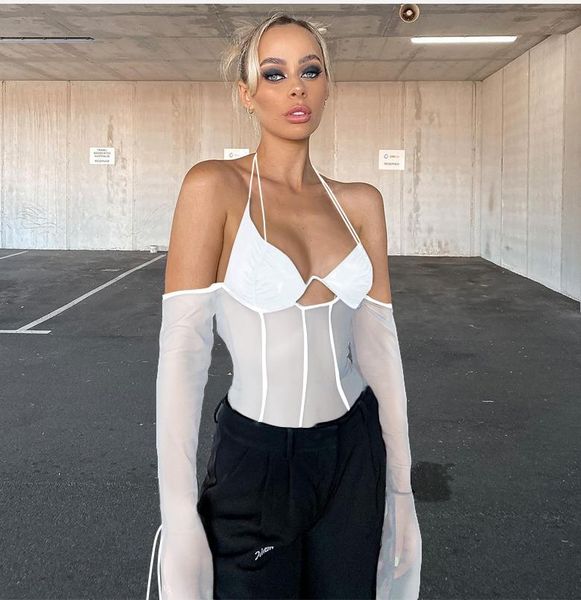 women's blouses & shirts women mesh patchwork sheer halter neck open back long flared sleeve bandage 2021, White
women's blouses & shirts women mesh patchwork sheer halter neck open back long flared sleeve bandage 2021, White