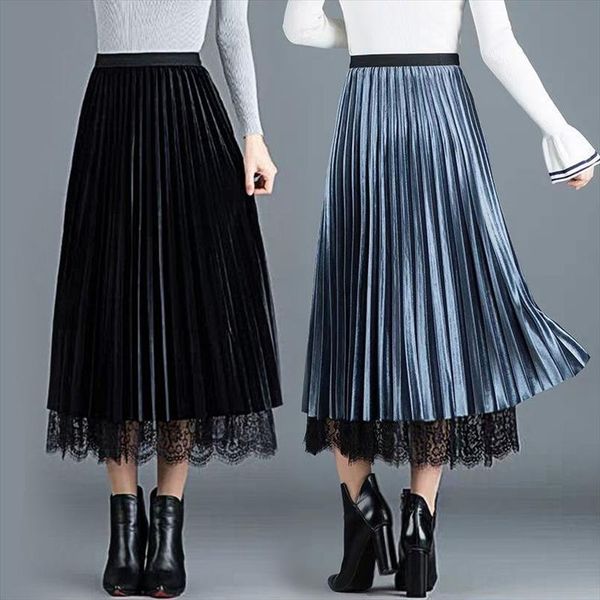 two sided pleated long lace womens skirt mujer faldas saias mulher, Black