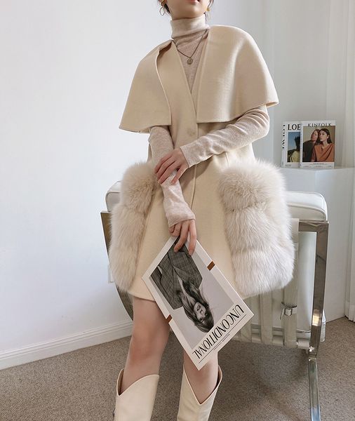 womens big cape mid-long wool cashmere blend coat with natural fox fur pocket fall winter est loose fur vest, Black
womens big cape mid-long wool cashmere blend coat with natural fox fur pocket fall winter est loose fur vest, Black