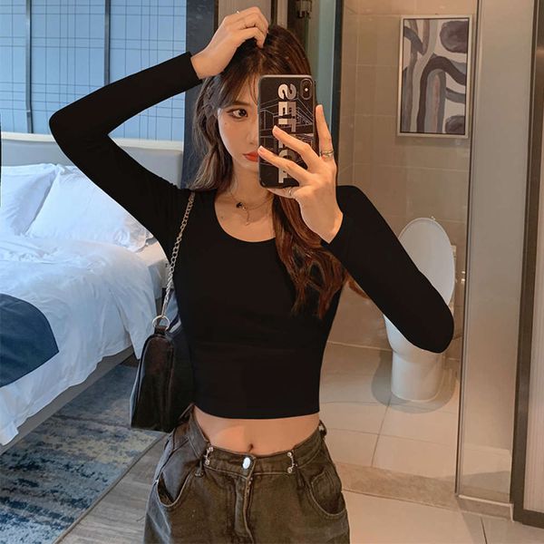 black short bottomed shirt with new round neck long sleeve t-shirt for women in autumn and winter, White
black short bottomed shirt with new round neck long sleeve t-shirt for women in autumn and winter, White