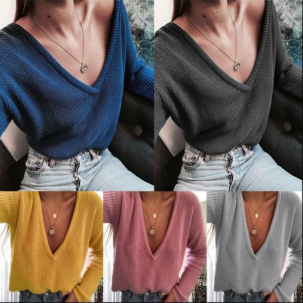 women deep v neck sweaters casual pink knitted pullovers 2021 new autumn winter clothes blue gray black gmw04, White;black 
women deep v neck sweaters casual pink knitted pullovers 2021 new autumn winter clothes blue gray black gmw04, White;black