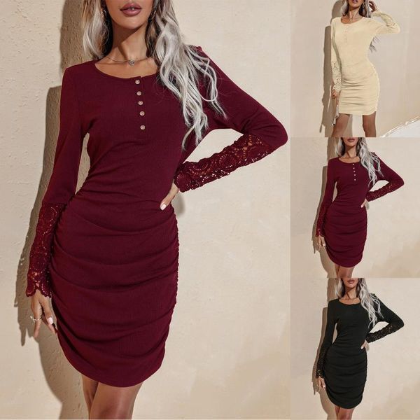 casual dresses fall for women fashion full sleeve lace splicing wrinkles o-neck button dress 2021 trendy ladies, Black;gray
casual dresses fall for women fashion full sleeve lace splicing wrinkles o-neck button dress 2021 trendy ladies, Black;gray