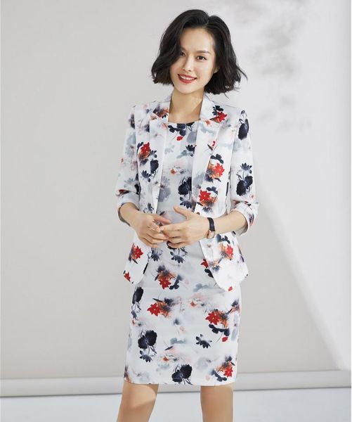 work dresses fashion ladies flower print dress suits for women business blazer and jacket sets elegant office uniform styles, White;black
work dresses fashion ladies flower print dress suits for women business blazer and jacket sets elegant office uniform styles, White;black