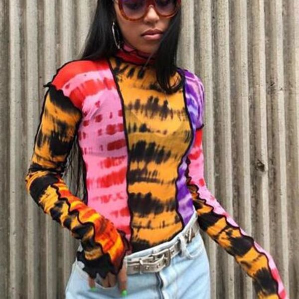 women's t-shirt fashion mesh colorful print ruffle womens basic t-shirts 2021 autumn thin slim street casual tee shirts mujer, White 
women's t-shirt fashion mesh colorful print ruffle womens basic t-shirts 2021 autumn thin slim street casual tee shirts mujer, White