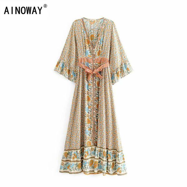 party dresses vintage chic women floral print single breasted beach bohemian maxi dress ladies v neck sashes summer boho vestidos, White;black
party dresses vintage chic women floral print single breasted beach bohemian maxi dress ladies v neck sashes summer boho vestidos, White;black
